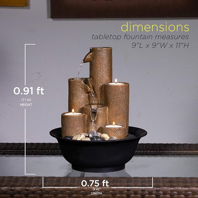 Alpine Corporation WCT202 Indoor Tabletop Tiered Water Fountain Featuring 3 Candles for Desktop and Table, 11", Brown