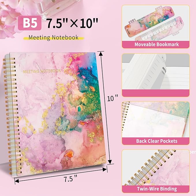 SUNEE Half Meeting Half Note - 7.5"x10" Professional Notebooks for Work - 160 Pages, B5 Size Project Planner, Spiral Meeting Agenda/Minutes Organizer for Women Men, Note Taking, Office & Business