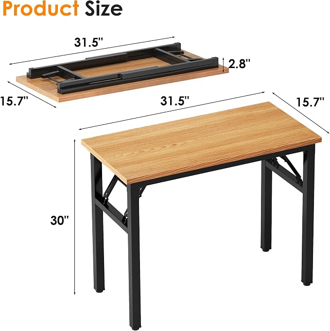 SogesHome No Assembly Folding Computer Desk, 31.5 Inch Small Compact Desk for Home Office, Modern Writing Table with Adjustable Leg Pads, Gaming Desk for Living Room and Small Spaces, Teak & Black