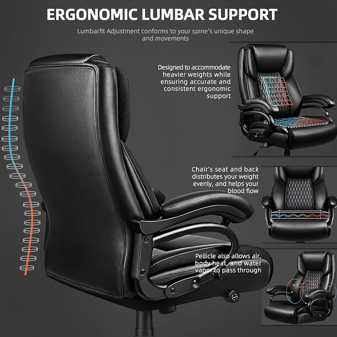 VITESSE 600lbs Heavy Duty Office Chair for Low Back Pain Relief, Big and Tall Office Chair with Ergonomic Lumbar Support, High Back Executive Chair with Quiet Rubber Wheel