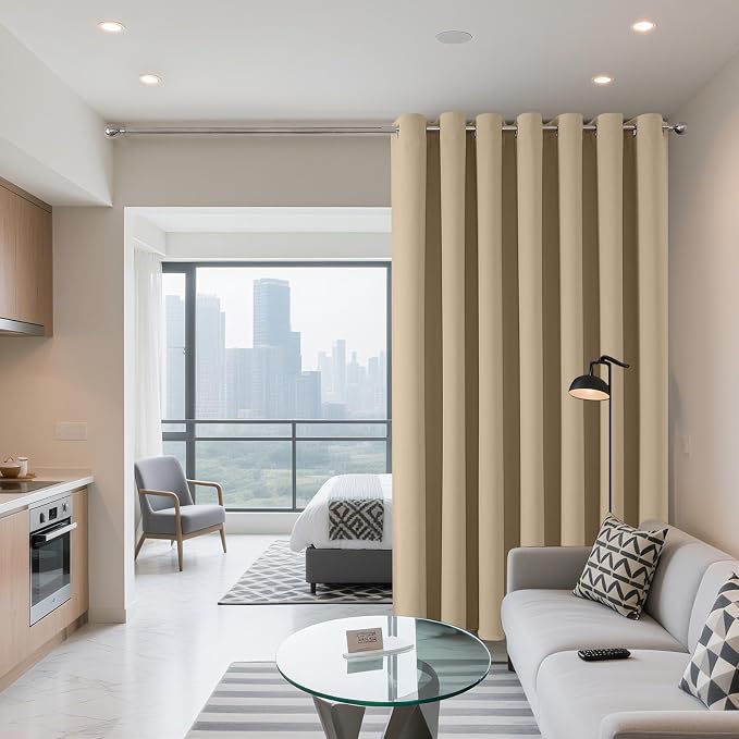 Joydeco Blackout Patio Sliding Door Curtains 96 Inches Long, Grommet Privacy Room Divider Curtains, Extra Wide Thermal Blackout Drapes for Bedroom Living Room (Light Beige, 70Wx96L, 1 Panel)