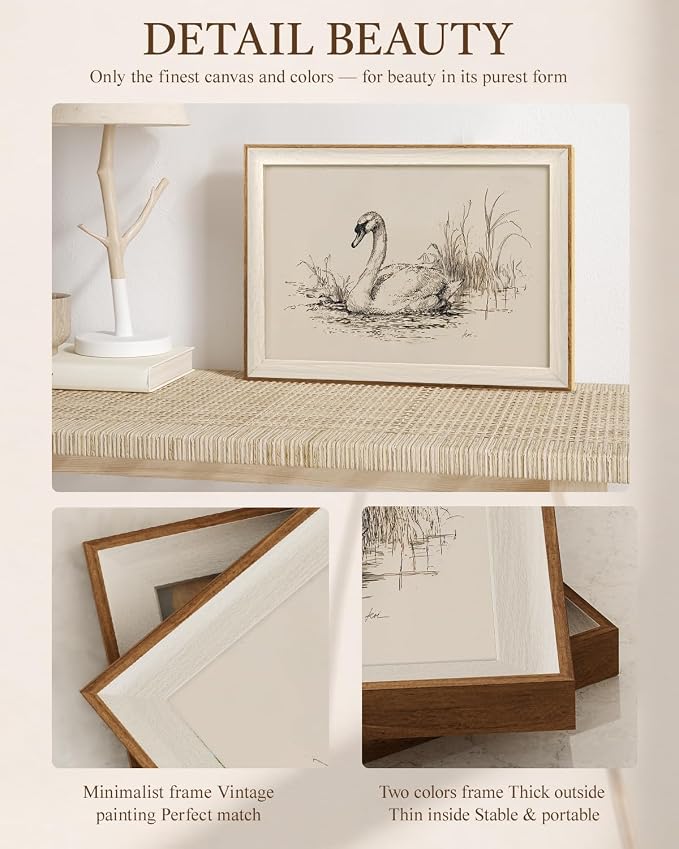 VIYYIEA Framed Wall Art for Living Room, Elegant Swan Pencil Sketch Canvas Prints, Minimalist Vintage Animal Nature Theme Home Decor, Bedroom Office Bathroom Aesthetic, 12x16 Inch