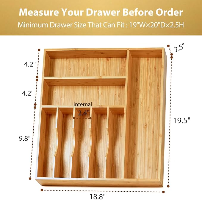 Large Kitchen Drawer Organizer, 19"x20" Silverware Utensils Organizer, 2.5" High for Large Deep Drawers, Bamboo Flatware Holder with Thick Frames, Sturdy Kitchen Organization Tray