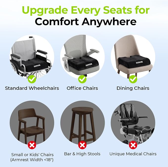 AUVON Wheelchair Seat Cushion, Thigh Slope Design for Long Sitting Comfort | Ergonomic Memory Foam Chair Cushion, U-Cutout for Sciatica & Back Relief, Waterproof Cover, Anti-Sore & Ulcer, Buckle Strap