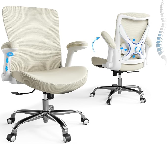 Ergalithic Office Home Ergonomic Desk Chair-Computer X-Shaped Chair Mesh PU Leather with Adjustable Lumbar Support-Executive Chair High Back Flip-Up Arms for Long Hours (Beige-No Headrest)
