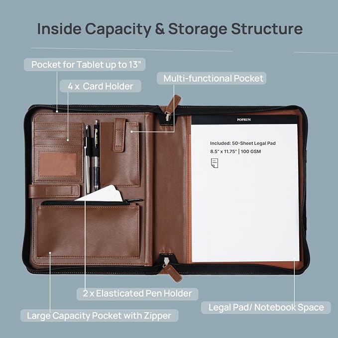 POPRUN Business Padfolio Folder, PU Leather Portfolio Binder with Writing Notebook, Tablet Sleeve, Card Slots and Pen Loop for Professionals, Interviews and Daily Work, Brown
