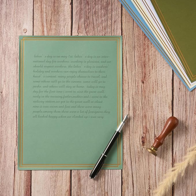 60 Pack Stationery Set Paper with Gold Border, 8.5x11 Inch Paper Sheets for Writing Letters, Letter Size Writing Paper (Sage-Green, 8.5x11 inches)