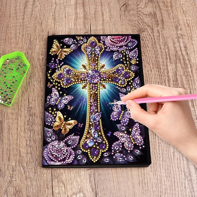 FRANDEK A5 50-Page DIY Diamond Art Painting Notebook with Beautiful Patterns, Purple Cross Special Shaped Diamond Art Craft for Beginners Creative Gift for adults June Back To School