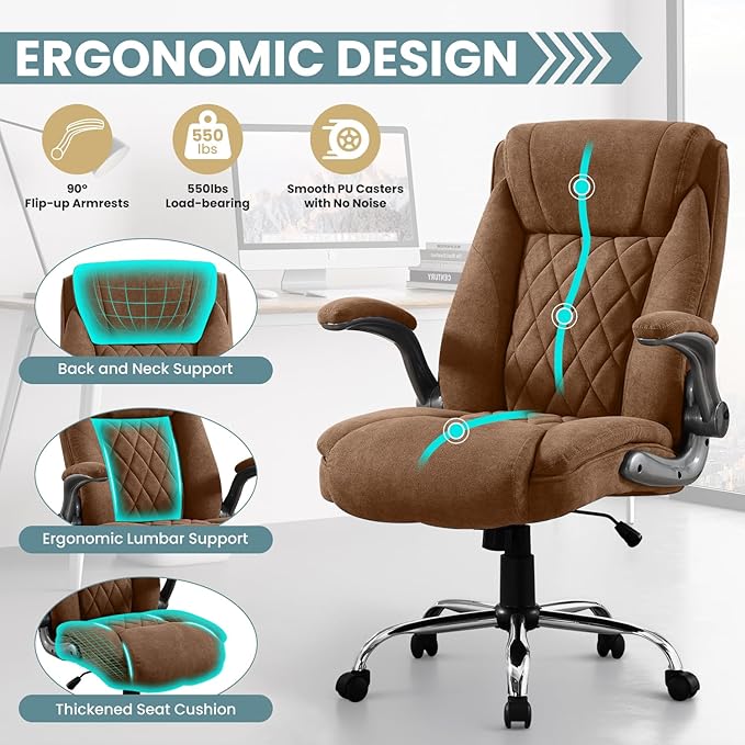 Big and Tall Office Chair 550lbs Heavy Duty Executive Fabric Office Chair with Adjustable Height, Flip-Up Armrests, Wide and Thick Seat Cushion, Comfy Chair for Heavy People, Ideal for Office Work