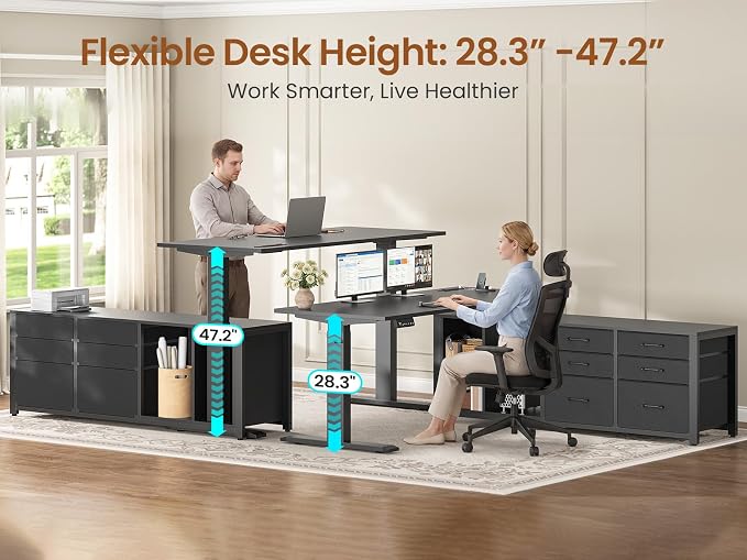 SEDETA L Shaped Electric Standing Desk with 6 Fabric Drawers, 55" x 55" Height Adjustable Office Executive Desk with Storage Shelves, Stand up Computer Desk with Power Outlet (Black)