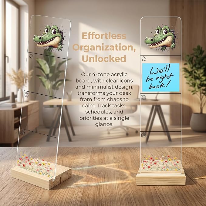 Sticky Note Holder, Monitor Memo Board, Acrylic Post It Note Holder with Wooden Base, Includes 200 Notes, Desk Organizer for Office, Cute Crocodile Design