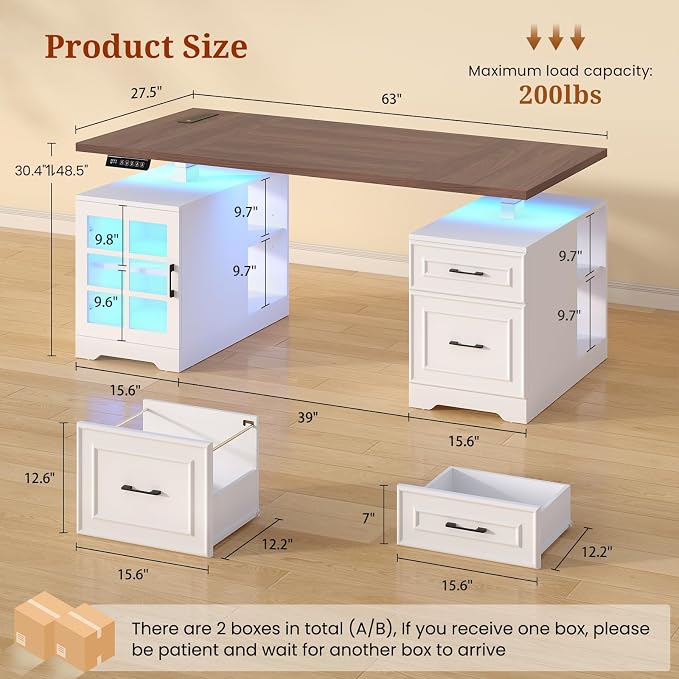 UPOSOJA 63 in Executive Standing Desk, Electric Height Adjustable Desk with Storage Drawers, Glass Cabinet, Shelves, Power Outlet, LED Light, Wood Sit Stand up Computer Desks for Home Office (White)