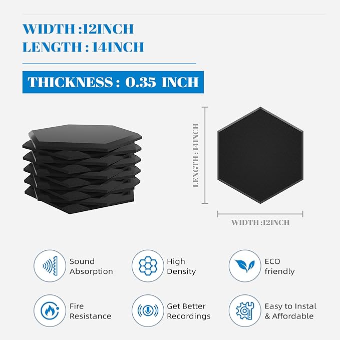 15 Pack Hexagon Self-Adhesive Sound Proof Foam Panels for Walls, Acoustic Panels 12" x 14" x 0.35" High Density Sound Absorbing Tiles for Home Studio, Office, Gaming Room & Theater