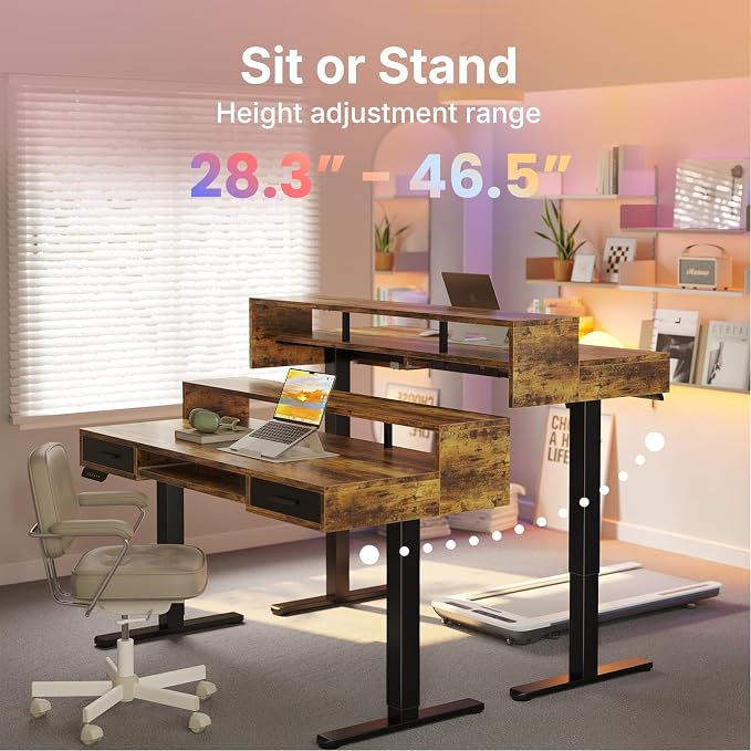 HUANUO 63″ x 26″ Electric Standing Desk with 2 Drawers &24.4″ Large Keyboard Tray, C-Clamp Mount Compatible, Adjustable Computer Desk for Office, Sit Stand Up Desk with 4 Height Presets, Vintage Brown