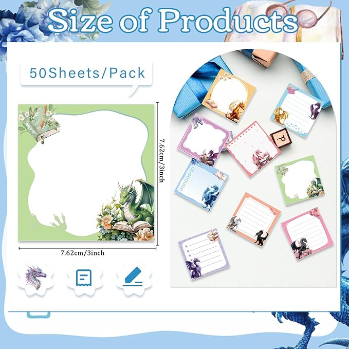 Dragon Sticky Notes Gifts, 9 Pack Cute Dragon Notepads 3x3 Inch Gifts for Students Coworkers, Funny Self-Stick Memo Pad Office School Supplies for Men Women (450 Sheets)