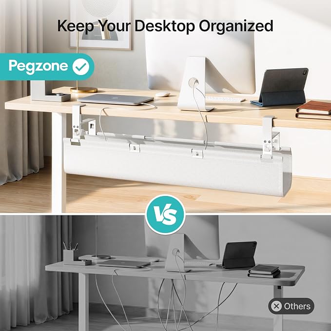 No Drill Under Desk Cable Management Tray, 31.5" Fabric Organizer | Clamp/Screw Premium Mount Cord Holder, for Power Strips, Adapters, with 2 Hooks & 1 Tie Roll for Home Office Gaming, White