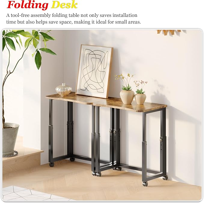 UDD No Tools Assembly Folding Desk, 23.6" Mobile Computer Desks with Wheels, Foldable Writing Fold Table, Portable Collapsible Work Craft Tables for Small Space Home Office Bedroom, Rustic Brown Black