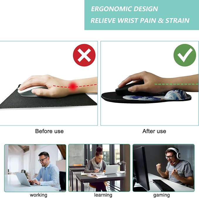 Mouse Pad with Wrist Support, Ergonomic Mouse Pad with Memory Foam Wrist Rest Cushion, Non-Slip Rubber Base Gaming Mice Pad for Home Office Computer Laptop, Sea Wave