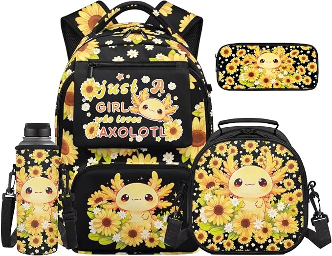 WELLFLYHOM Sunflower Axolotl Backpack Set for Girls Ages 8-12 | Full Matching Storage Accessory Set, Portable Daypack Fits Elementary and Junior High Daily School Storage Demands