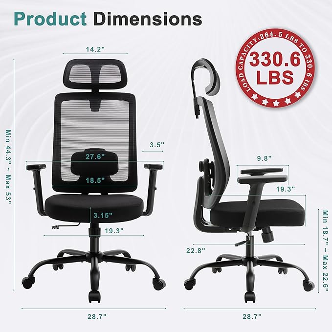 Shintenchi Ergonomic Office Chair, High Back Mesh Desk Chairs with Headrest & Lumbar Support Adjustable, 3-Level Tilt Backrest Comfortable Gaming Chair 330lbs Capacity, Big and Tall Rolling Chairs