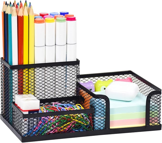 SAYEEC Mesh Desk Organizer, Black Pen Holder for Desk, 3 Compartments Wire Desktop Organizer, Multi-Functional Metal Pencil Cup Caddy Holder Office Supply Storage Organizers for School Home Workspace