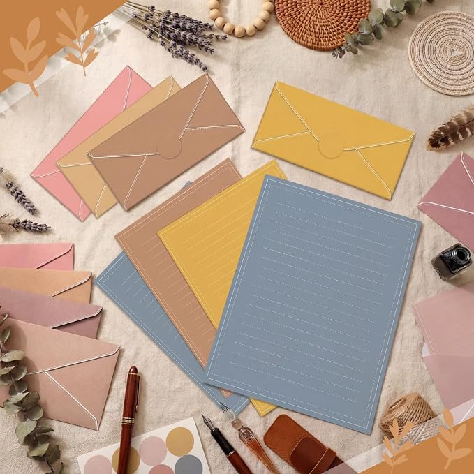 TaoBary 160 Packs Stationery Paper Set (50 Double Sided Stationery Writing Papers 50 Matching Envelopes) 60 Round Dot Sticker, 10 Design(11 x 8.5 Inch,Boho Color)