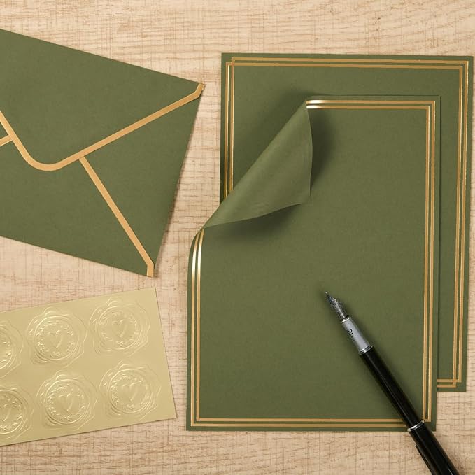 50 Pack Stationery Set with Envelopes, Olive Green, 6x8 Inches | Gold Border, A6 Envelopes 4.75x6.5 inch and 6x8 Paper Sheets, Stickers for Letter Writing, Invitations