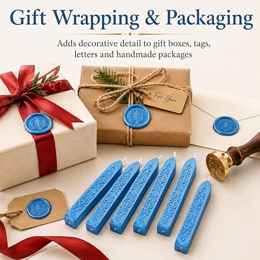 6 Pieces Sealing Wax Sticks with Wicks for Letter Seal Wax Stamp,Wedding Invitations, Packaging Decoration,Christmas Gift Ideas (Blue)