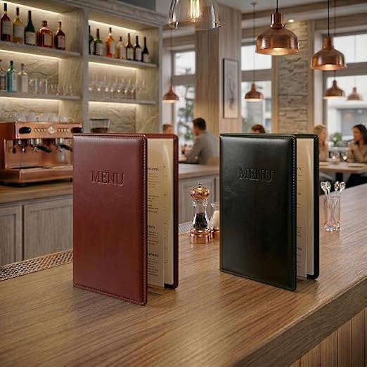 2-Pack Classic Black Vegan Leather Menu Cover with Embossed MENU Design 8.5x11 4 Page 8 View Clear Sleeves Restaurant Menu Holder Presentation Folder Portfolio Binder Sheet Music Professional