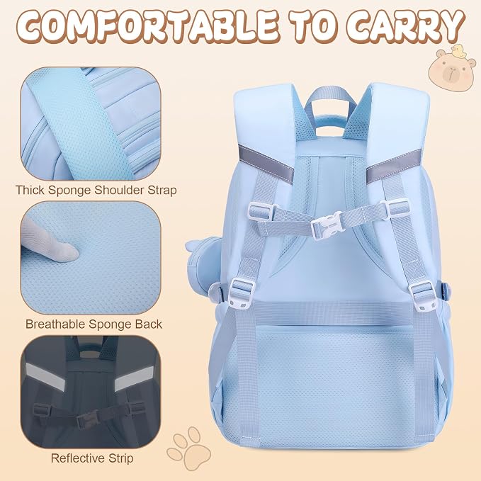 Capybara Backpack for Girls with Headphones - 4PCS Girls Backpack for Kindergarten Elementary Middle High School Travel - 3.5mm Wired Headphones Backpacks Back to School Gift(Blue)