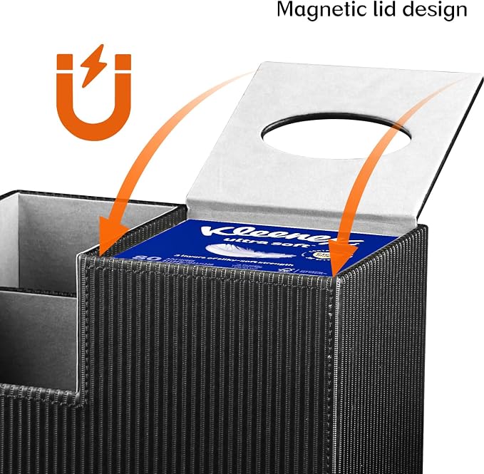 Square Tissue Box Cover with Storage, PU Leather Facial Cube Tissue Holder | Multifunction Remote Control Holder, Nightstand Organizer, Modern Desk Caddy for End Table Bathroom, Home, Office Decor