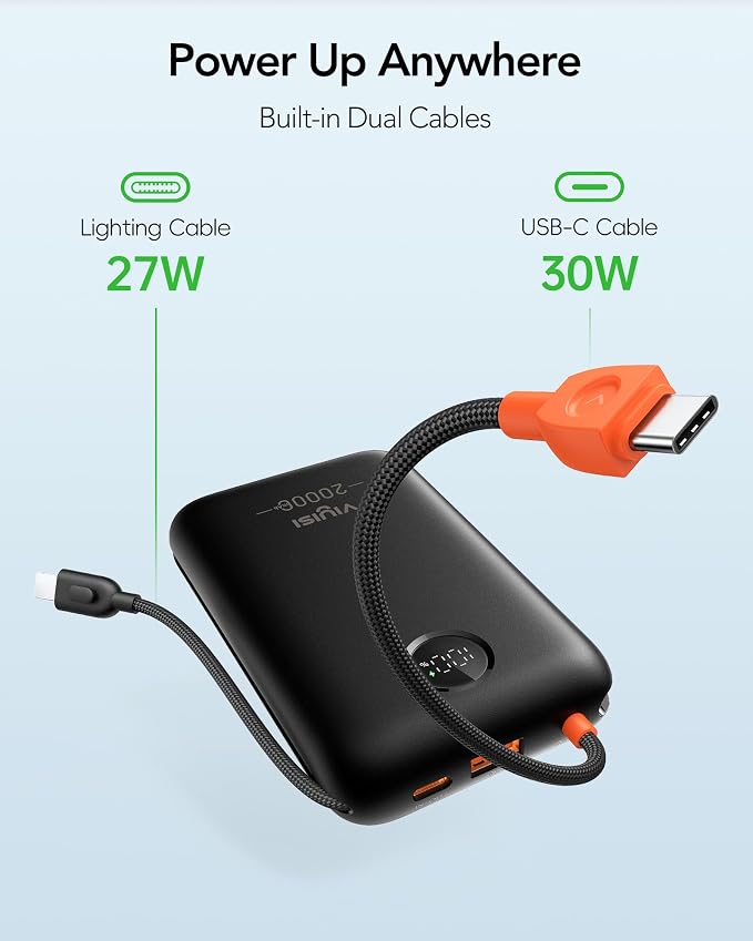 VIYISI Portable Charger 20000mAh 30W Fast Charging, Power Bank with Built-in USB C & Lighting Cables, LED Display Battery Pack Compatible with iPhone 17 16 15 14 Pro Max, iPad, Samsung Galaxy, Travel