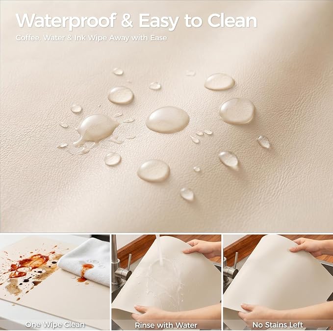 1.6mm Thick Leather 15x72 Inch Non-Slip Mat, Waterproof Countertop Protector, Extended Dresser Topper/Kitchen Counter Mat, Creamy White