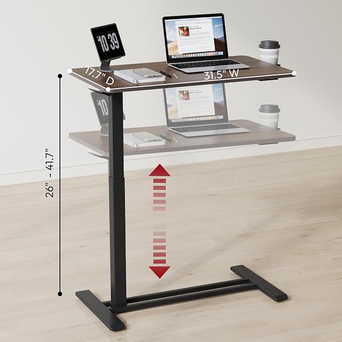 SANODESK 32'' Mobile Standing Desk with Hidden Wheels,Pneumatic Laptop Desk | Computer Cart Movable Height Adjustable Table Small Sit Stand Desk for Home Office Hospital Use,31.5"W x 17.7"D,Black Walnut