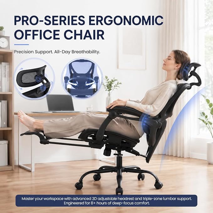 MALOL Ergonomic Mesh Office Chair with Footrest, High Back Desk Chair with 5-Level Adjustable Lumbar Support, 3D Headrest, 130° Reclining Backrest, Adaptive Armrests, Home Office Computer Chair, Black