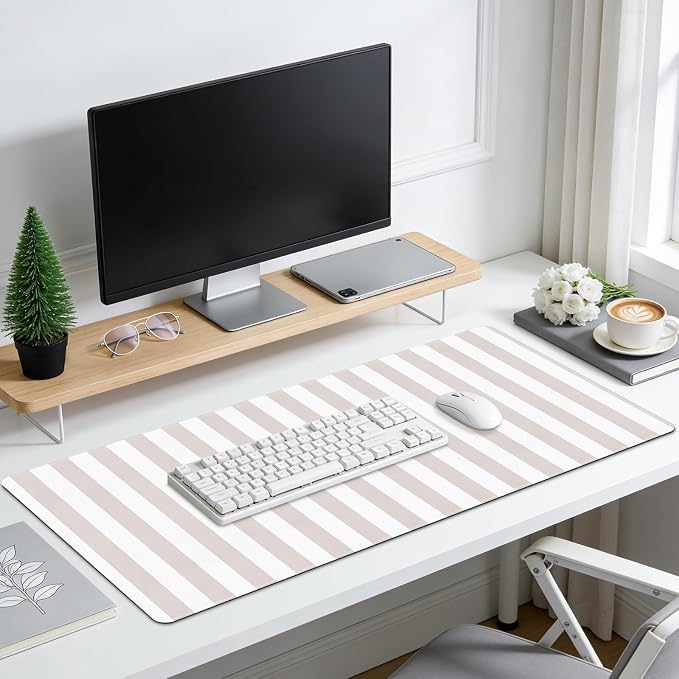 Beige Desk Mat Cute Kawaii PU Leather XXL Large Mouse Pad Striped Pastel Desk Pad Mat Laptop Computer Keyboard and Mouse Mat Home Office Decor for Women Girls