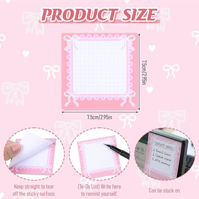 12 Pcs Coquette Bow Sticky Notes, 3x3 Inch Pink Note Pads Set | pink ribbon bow sticky notes. Self-stick adhesive pads perfect for school, office, journaling, and daily planning
