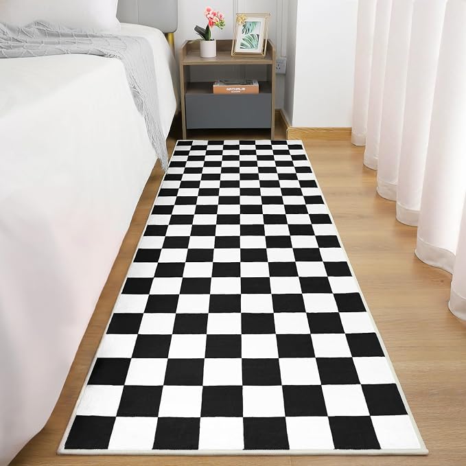 Terrug Black and White Checkered Area Rug for Kitchen,2x6 Runner Rugs Washable with Non Slip for Bedroom,Soft Low Pile Stain Resistance Retro Carpet for Entryway Hallway