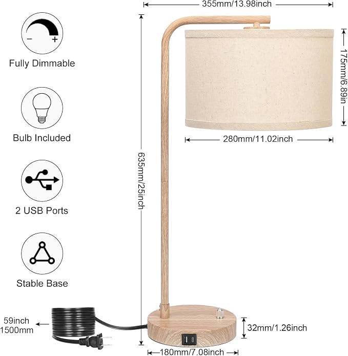 Farmhouse Table Lamp, Fully Dimmable Bedisde Nightstand Lamp with USB C+A Charging Ports, Modern Tall Table Lamp Desk Reading Lamp for Living Room, Bedroom, Office, 9W LED Bulb Included