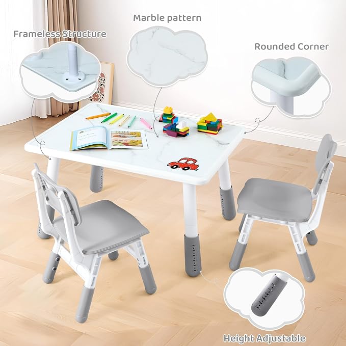 DOREROOM Toddler Table and 2 Chairs Set, Marble Top, No-Screw Legs, Grey | Graffiti Desktop, 31.5"L x 23.6"W, Frameless, Kids Ages 3-8, FSC-certified, Children Activity for Daycare, Classroom, Home