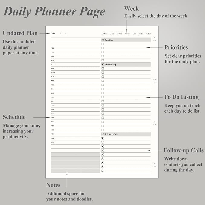 EMSHOI Undated Daily Planner - A4 Large To Do List Notebook Appointment Book for Productivity Time Management, with Hourly Planner Refills, Hardcover Binder Leather Journal - 240 Pages, 9.2x12