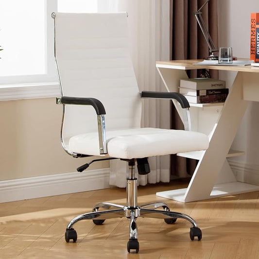Office Chair, Ergonomic Executive Conference Room Chairs, Ribbed Leather Desk Chair with Lumbar Support, Adjustable Height Mid-Back Swivel Chair with Padded Seat