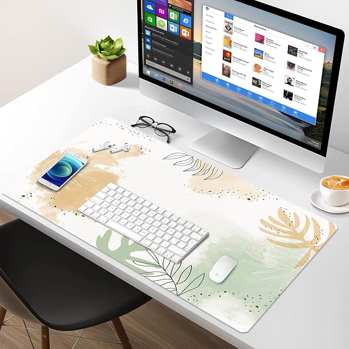 Large Desk Mat, Dual Side PU Leather Waterproof Mousepad Desk Pad, Desk Protector Writing Pads Desk Accessories for Office and Home (E-Watercolor Plants, 24''X14'')