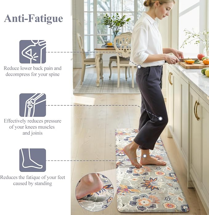 LEEVAN Anti Fatigue Kitchen Mats for Floor, Cushioned Kitchen Mat Set 2PCS | 20"x31"+20"x47", Boho Floral Blue Gray Kitchen Rugs Non-Slip, Waterproof Ergonomic Standing Mats for Laundry, Office, Sink