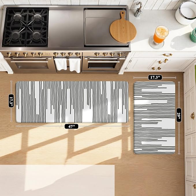 KIMODE Anti Fatigue Mats for Kitchen Floor,Farmhouse Kitchen Rugs Sets of 2 | 17"x47"+17"x29" Cushioned Kitchen Floor Mat Non Skid,Memory Foam Kitchen Mat for Laundry Office Sink Desk Black Lines Decor