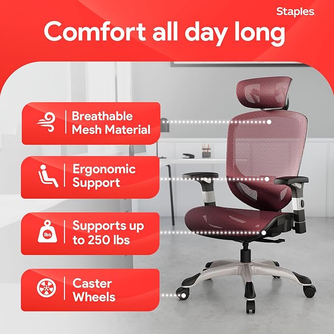 STAPLES Hyken Ergonomic Task Chair, Mesh, Ergonomic, Lumbar Support, Swivel, Maroon