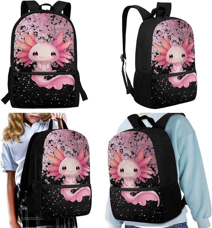 WELLFLYHOM Girls Axolotl School Backpack with Lunch Box, Pink 17 Inch Cherry Blossom 4PCS Backpack Set for Elementary Kids 6-11, Reduce Shoulder Pressure for Child, Back to School Supplies