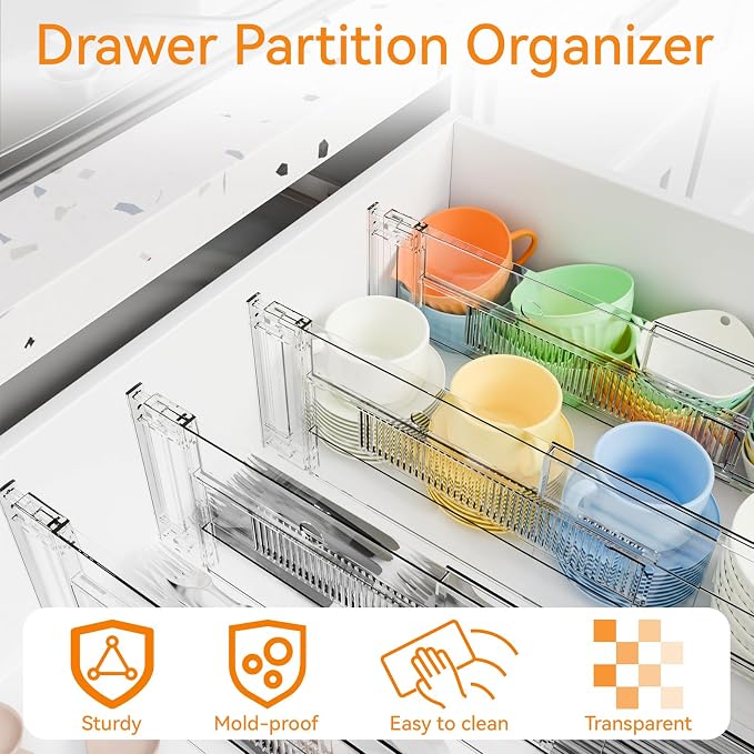 12 Pack Clear Acrylic Drawer Divider 6 Inch High,Expandable from 14-20'',Adjustable Dresser Drawer Dividers for Baby Clothing,Underwear and Sock,Separators,Deep Drawer Separators for Kitchen
