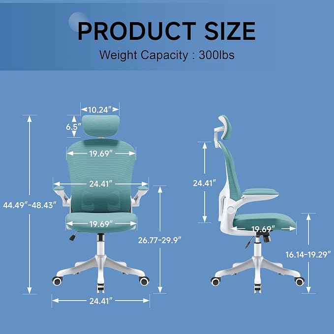 Ergonomic Office Chair with Adjustable Lumbar Support and Headrest, High Back Mesh Desk Chair for Home Office,Flip-Up Arms 90-120° Tilt Lock Rolling Swivel Task Chairs (White-Blue6065)