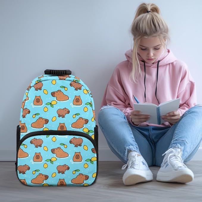 ZFRXIGN Little Capybara Kids Backpack for Boys 8-12 10-12 Bookbag with Cute Pendant 17inch Girls School Bag and Insulated Lunch Box Pencil Case Blue Bagpack Set